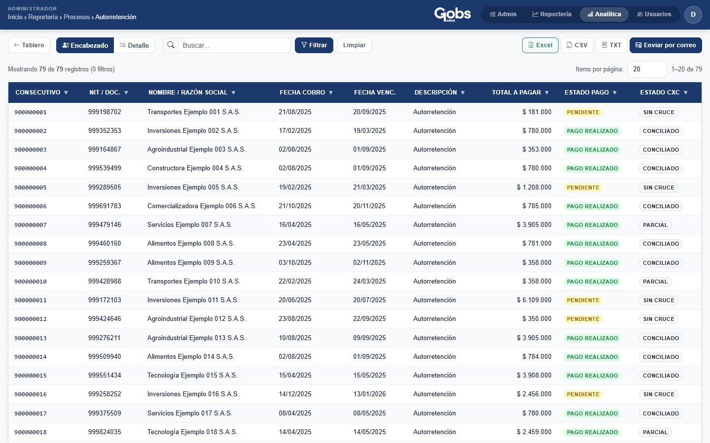 Explorador de datos con filtros por columna y exportación a Excel, CSV y TXT