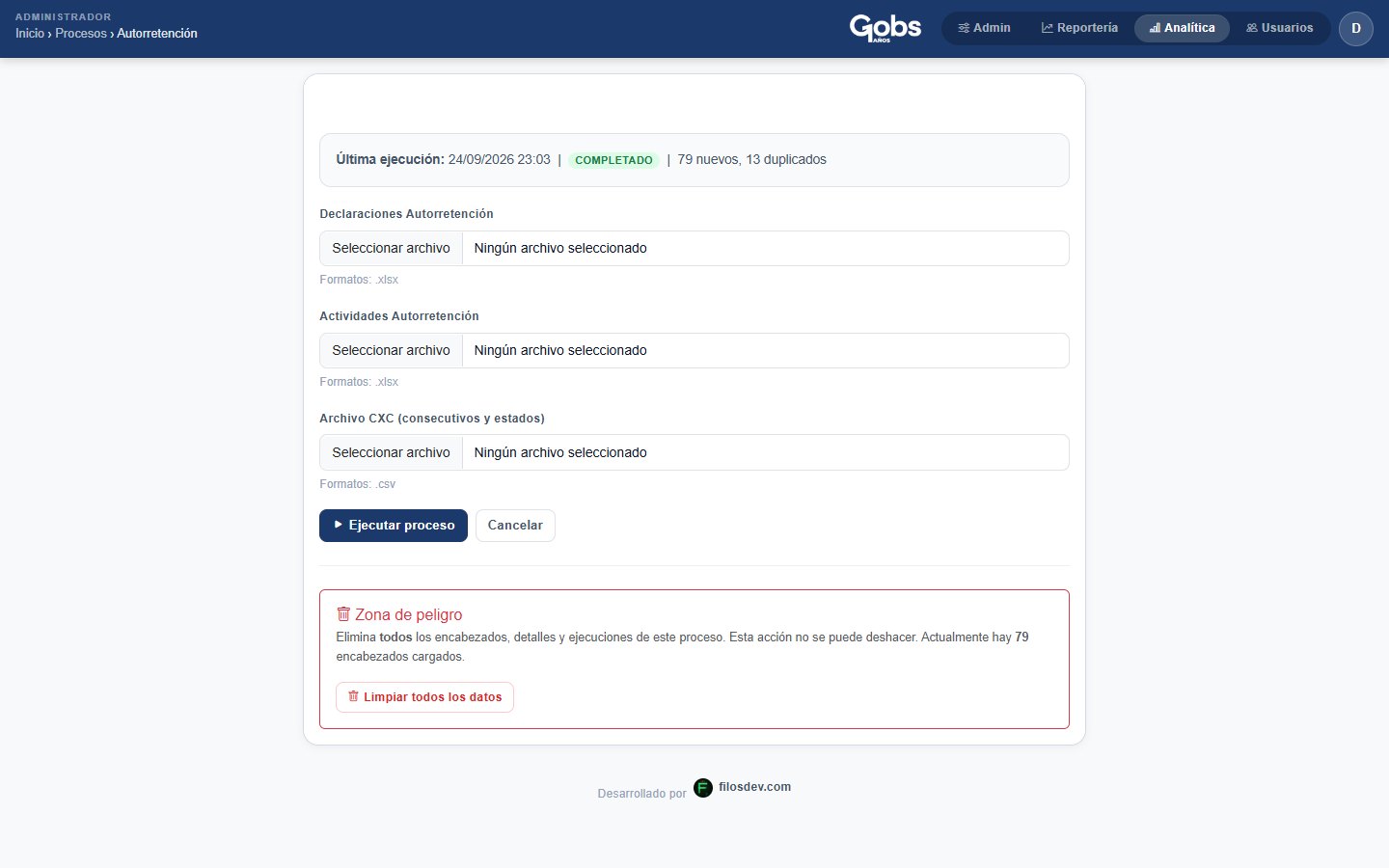 Carga de archivos y ejecución del motor ETL